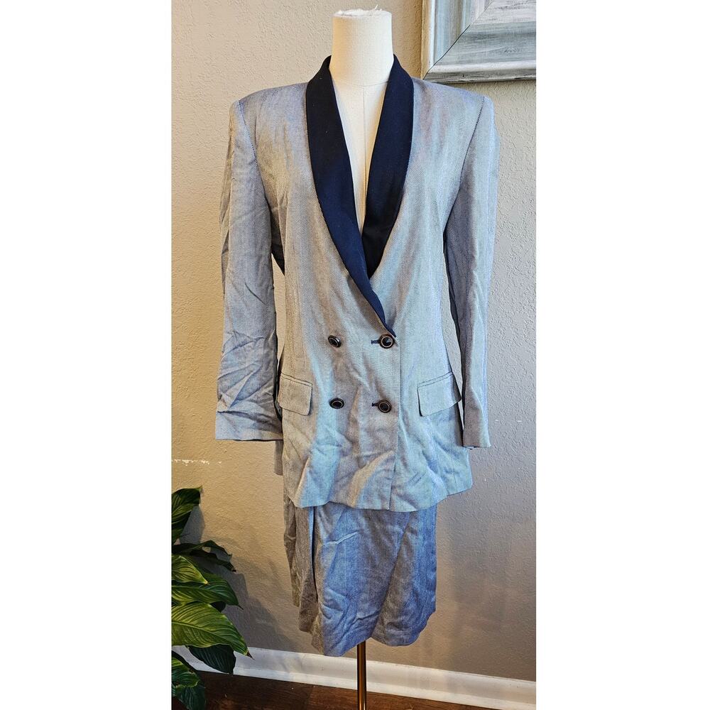 VTG Gilmor Women Herringbone‎ Double Breasted Jacket & Skirt Suit Size 10 Navy